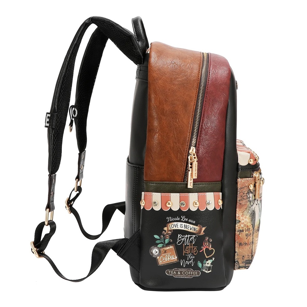 Nicole Lee Black & Brown Cafe Print Backpack - Picture 2 of 12